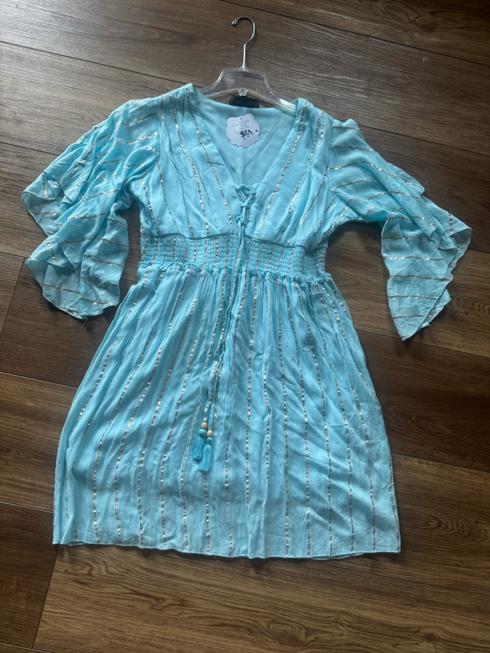 Women’s Light TealBlue w/Gold Metallic-Trim Smocked Waist Dress